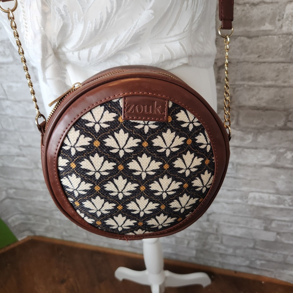 Zouk Crossbody Bag Round Brown Floral‎ Woven Jacquard Boho 8 Inch